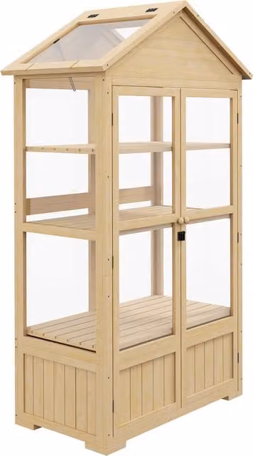 Casetta da giardino Outsunny con scaffale e porta con serratura, telaio in legno di pino e finestre in acrilico, L 100 cm x P 56,5 cm x H 178 cm