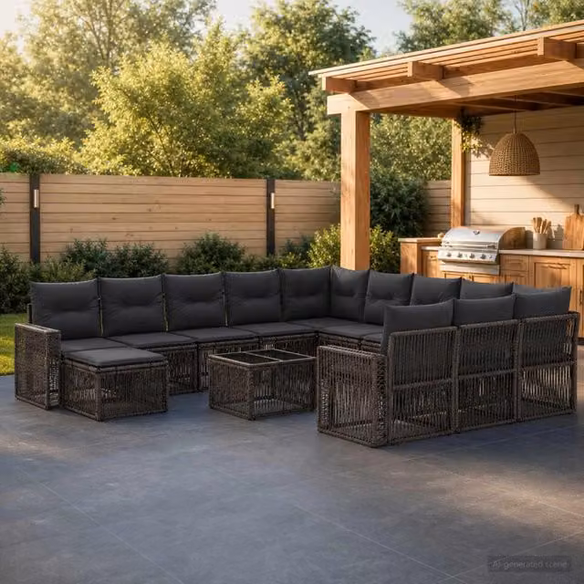 Set Divano da Giardino vidaXL a forma a U composto da 13 pezzi in rattan con cuscini, colore grigio e antracite – 1