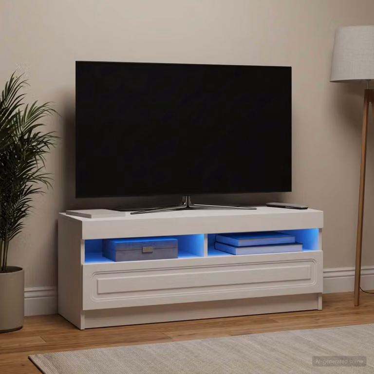 Mobile TV LED vidaXL Bianco e Legno in MDF con illuminazione integrata e scomparti multimediali L: 100 cm, P: 35 cm, H: 40 cm