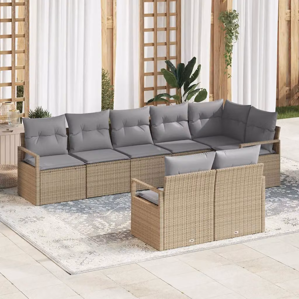 Set di divani da giardino vidaXL a forma di U composto da 8 pezzi in rattan beige con cuscini inclusi e struttura in metallo