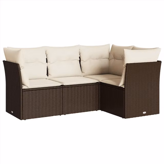 Set Divano da Giardino a L con Cuscini Design In, Marrone e Bianco, Struttura in Metallo e Polyrattan