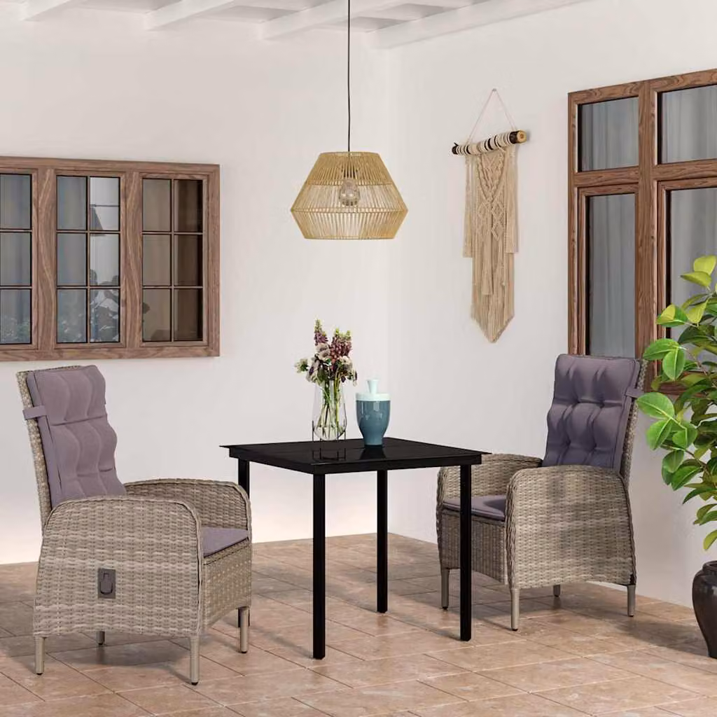 Set da pranzo da giardino vidaXL in polyrattan con tavolo in vetro e cuscini, 3 pezzi, Grigio e Nero