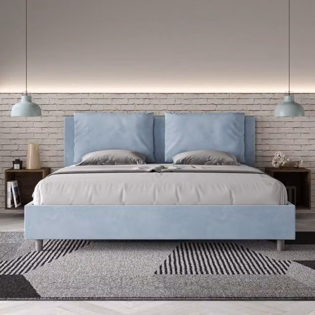 Letto matrimoniale imbottito Ityhome in microfibra azzurro L: 185 cm, P: 222 cm, H: 110 cm