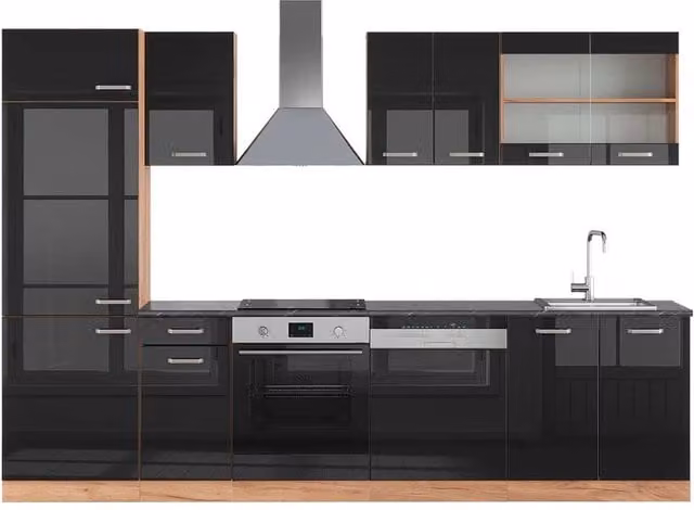 Cucina componibile moderna Vicco R-Line in legno e metallo, Nero lucido e Rovere dorato con piano Antracite, L: 300 cm – 1