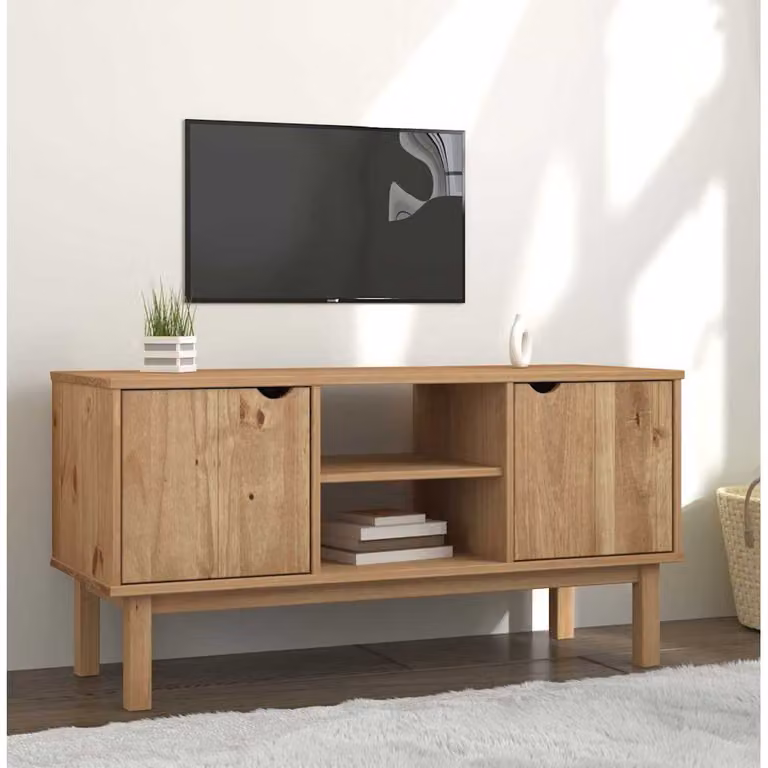 Mobile TV OTTA vidaXL in legno massello di pino marrone, stile scandinavo, L: 113,5 cm, P: 43 cm, H: 57 cm