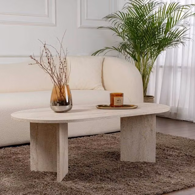 Tavolino da salotto moderno DMORA beige con piano ovale e portariviste L: 120 cm, P: 60 cm, H: 40 cm