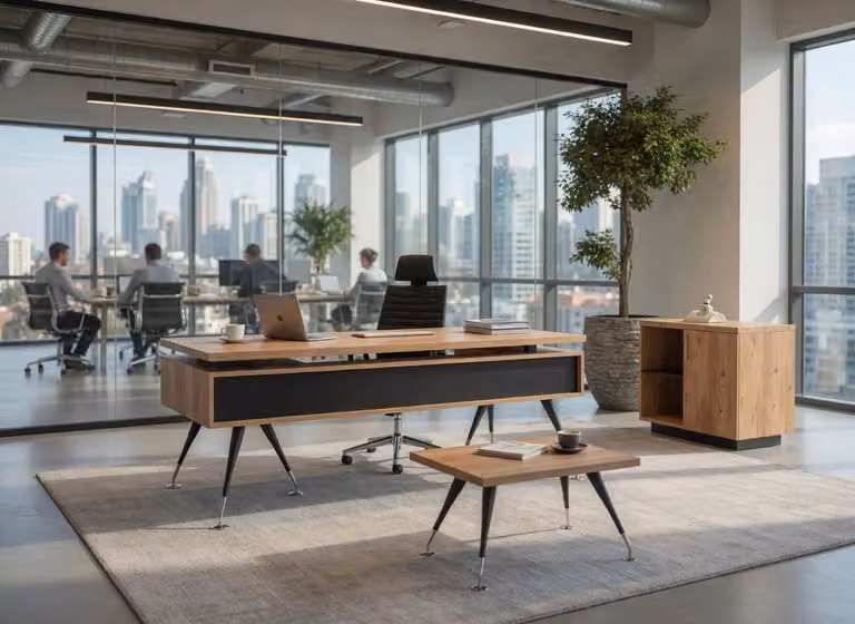 Set da ufficio moderno composto da scrivania, credenza e tavolino