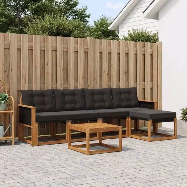 Set di mobili da giardino vidaXL composto da 6 pezzi con divano a L, tavolino da caffè e pouf in legno di acacia marrone e nero con cuscini inclusi