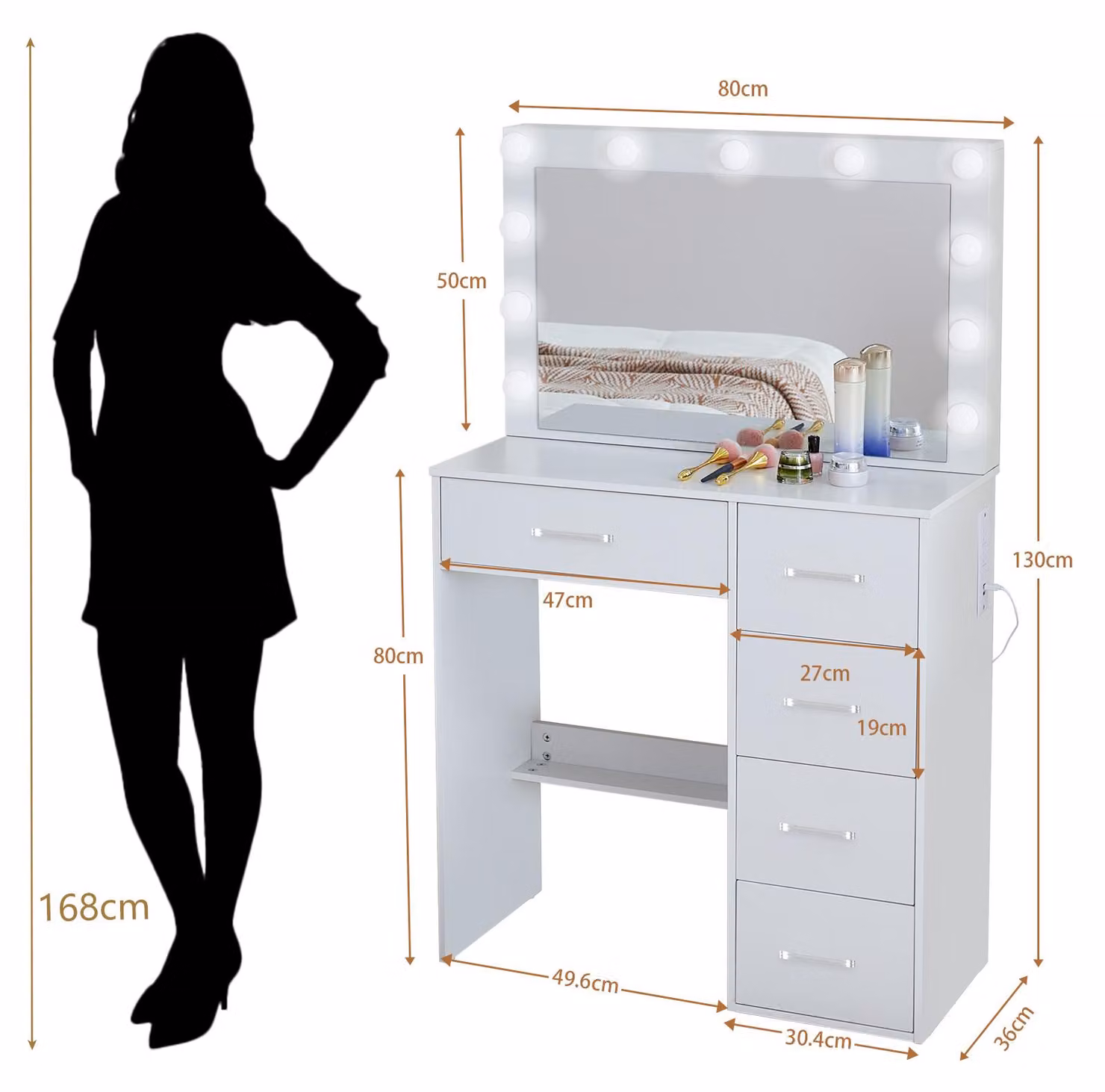Comò con specchio a LED, bianco - 3 modalità di colore e luminosità regolabile - legno - design moderno e minimalista