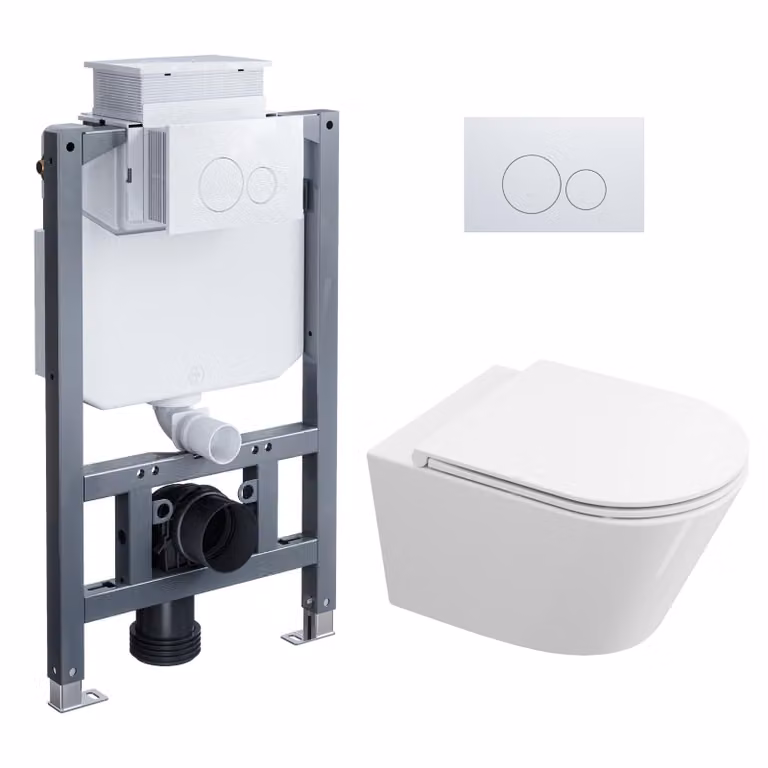 HOROW Set completo per WC sospeso - 82 cm: struttura a muro, cassetta di scarico nascosta, vaso WC sospeso, pulsante rotondo bianco