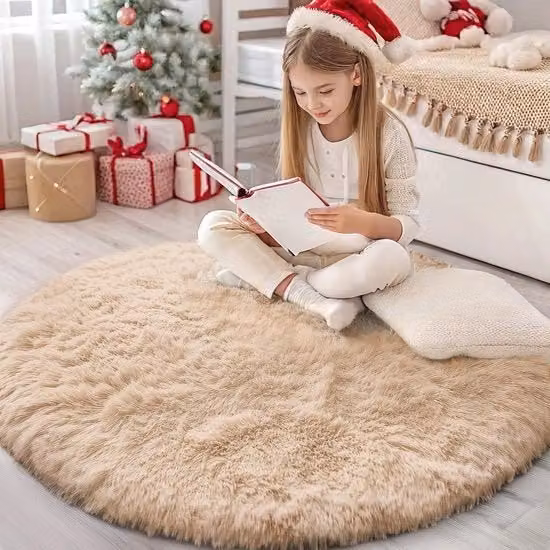 Tappeto Fluffyciclone con Base Antiscivolo e Piatto Riscaldabile per Grande Sala, Camera da Bambini, Camera da Letto - 200 cm Rond, Beige