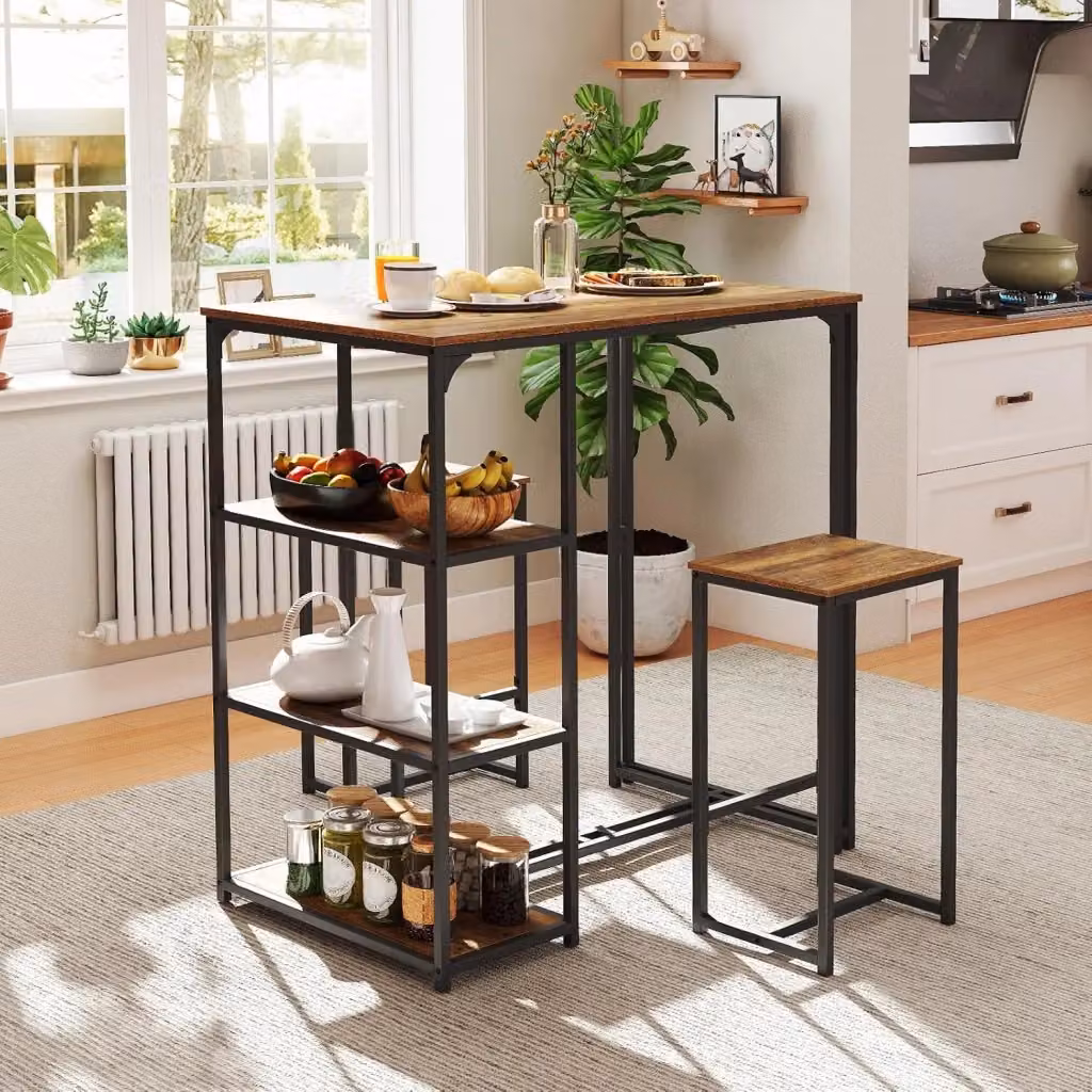 Set di Tavolo da Bar con 2 Sgabelli e 3 Ripiani Portaoggetti Costway, Design Industrial in MDF e Metallo, Colore Marrone e Nero, L/P/H: 110 x 60 x 110 cm – 2