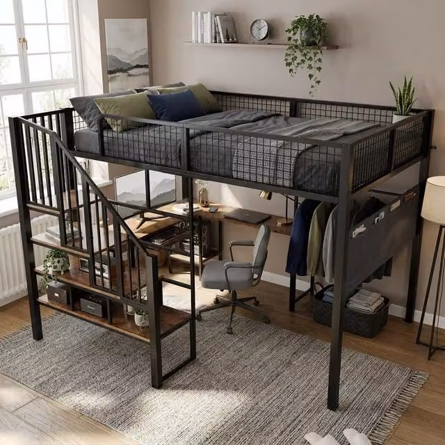 Desviae Letto a soppalco 140 × 200 cm con scrivania angolare a L scala e porta di ricarica in metallo nero effetto legno