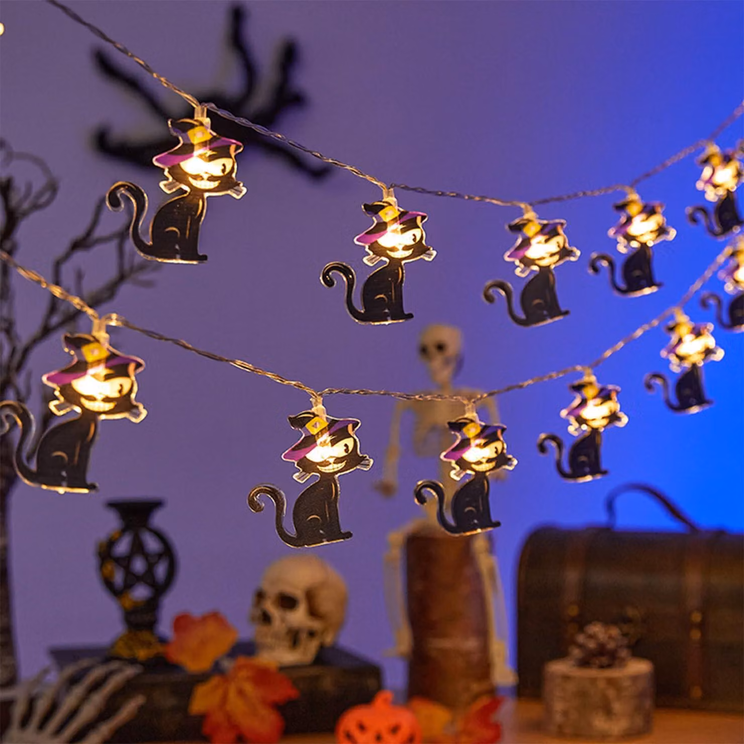 Catena luminosa da 3 metri, 20 LED, motivo di gatti neri, ideale per Halloween, luce bianco caldo