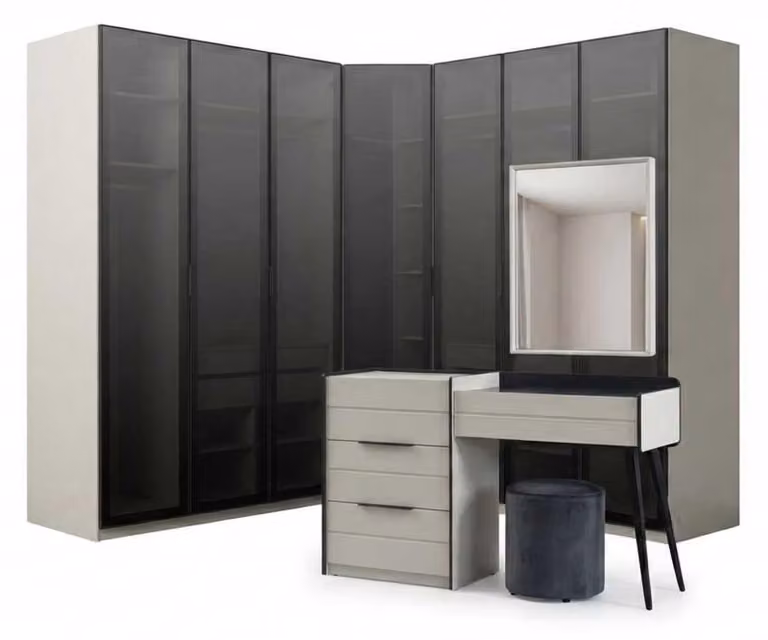Eckschrank Glas Schminktisch Beige Schwarz Modern Edel Spiegel Set