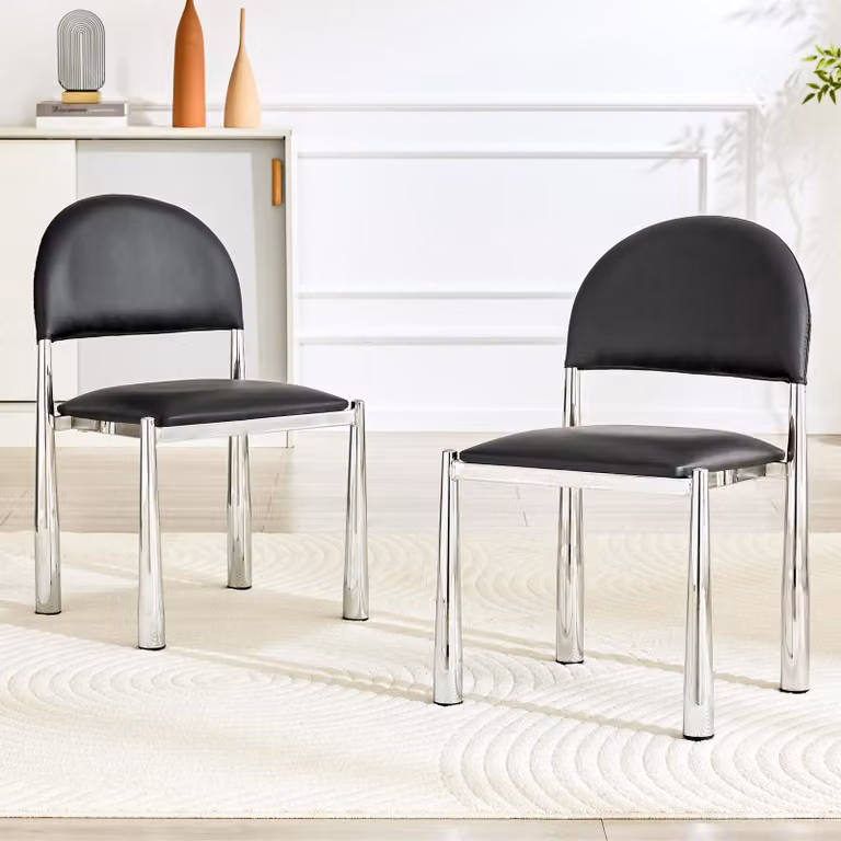 Set di 2 sedie da pranzo, schienale semi-arrotondato, rivestimento in PU, gambe in metallo, altezza 80 cm (nero)