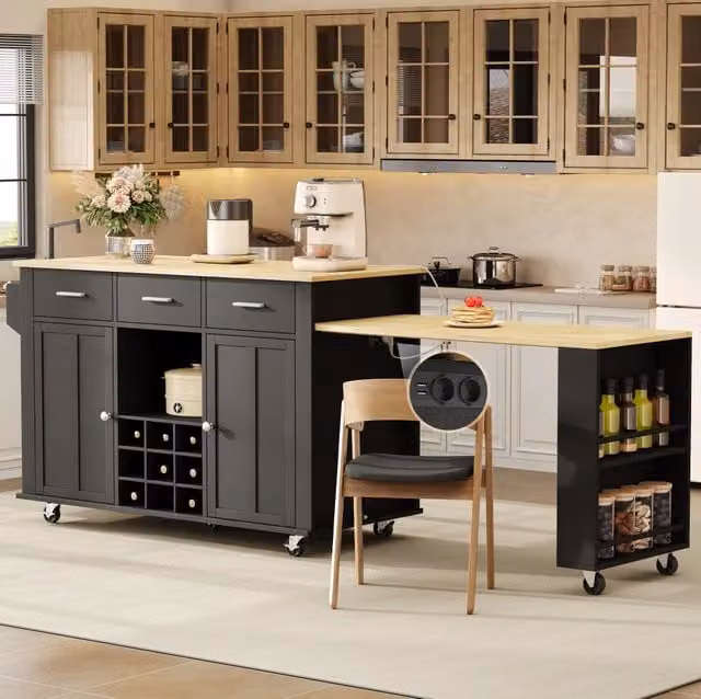 Isola cucina mobile con piano estraibile; 136(223)x50x93 cm; MDF; nero/naturale