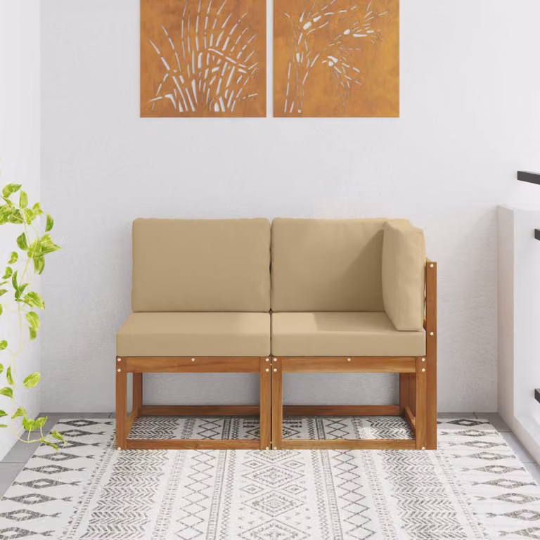 vidaXL Divano da esterno modulare e angolare a 2 pezzi in legno di acacia con cuscini beige e marrone