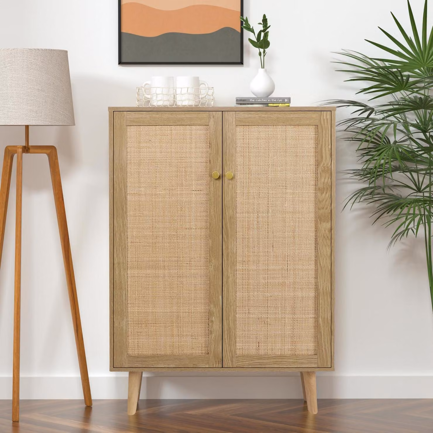 Mobiletto da cucina con piano di lavoro e ante in rattan, credenza per soggiorno, ingresso, sala da pranzo, camera da letto, ufficio