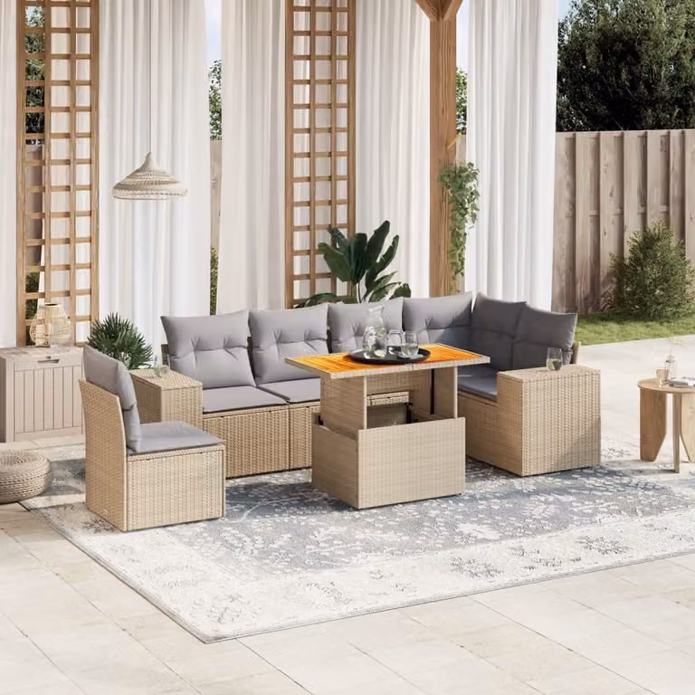 vidaXL Set Divani da Giardino 7 pz a Forma a L in Polyrattan con Cuscini Beige e Grigio