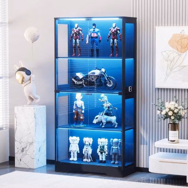 Vetrina espositiva con ante in vetro LED a tre colori e sensore di movimento in MDF nera 80 × 35 × 165 cm