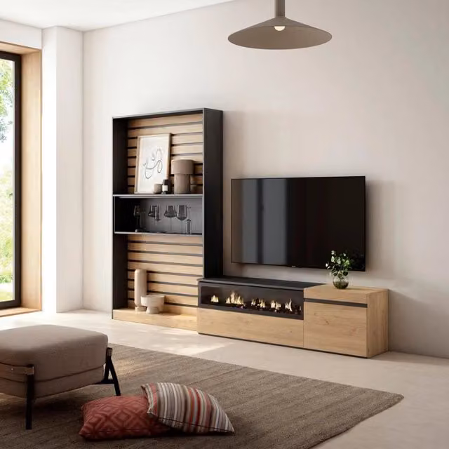 Mobile TV da soggiorno SKRAUT HOME con camino elettrico per TV fino a 65 pollici, colore Rovere e nero, L: 260 cm, P: 35 cm, H: 186 cm – 1