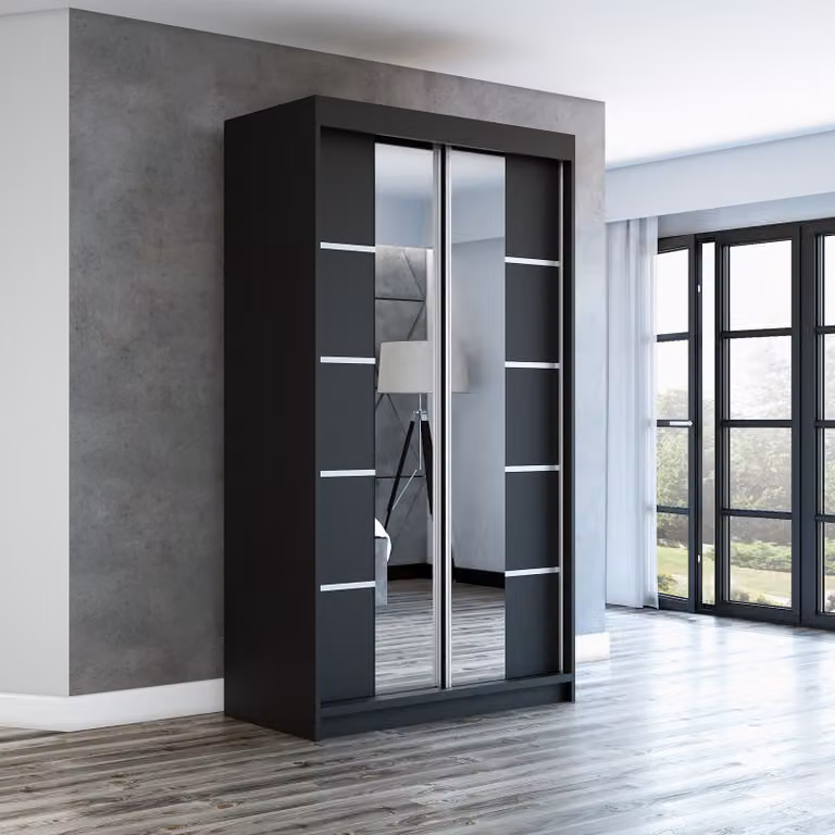 Armadio a porte sospese, a 2 ante, modello ERA 120 cm (con specchio) (nero / nero / nero)