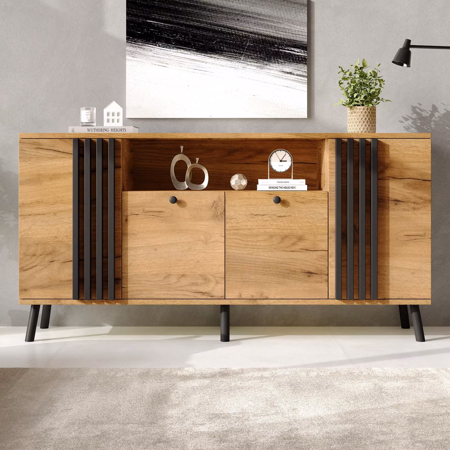 Mobile contenitore laterale Merax con 4 ante e 6 gambe in legno massello, armadio contenitore in MDF, capacità di carico di 45 kg, mobile per la sala da pranzo, mobiletto, legno nero