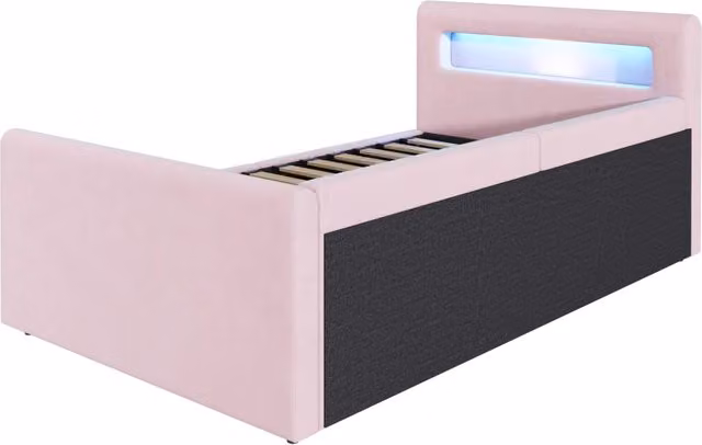 Divano letto contenitore 90x200 cm in velluto con LED; USB; USB-C e schienale reversibile; rosa