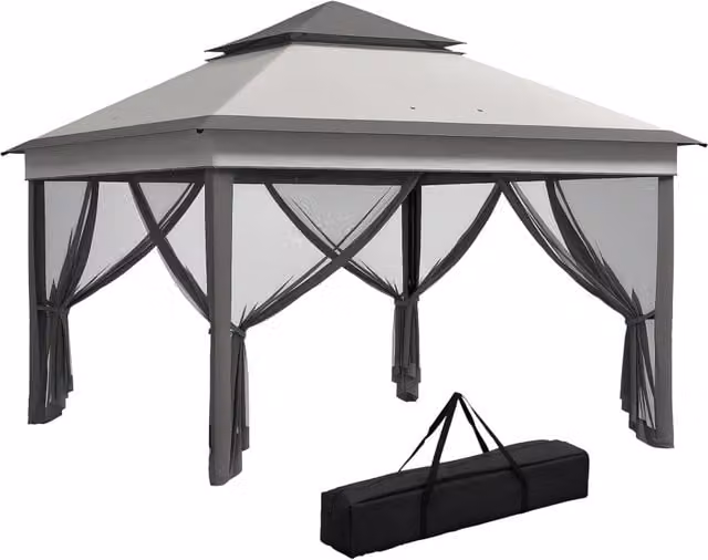 Gazebo Pieghevole da Giardino ¨C Xylo ¨C 3,26x3,26x2,72 m Grigio con Doppio Tetto Zanzariere Protezione UV30+