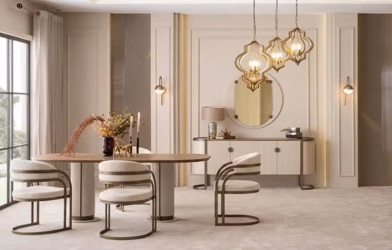 Set da pranzo grande tavolo da pranzo, 4 sedie, credenza e specchio in stile moderno