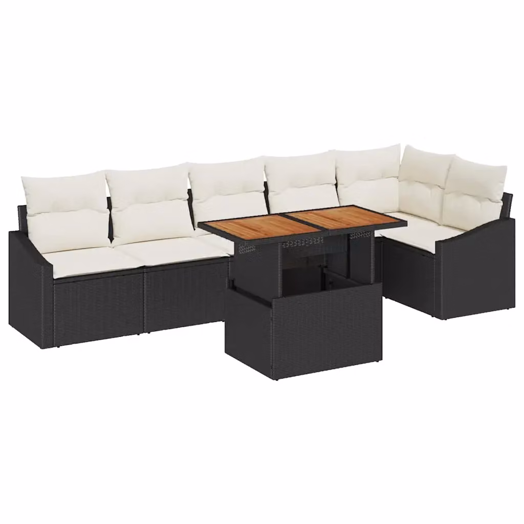 Set Divano da Giardino vidaXL 7 pz a Forma a L con Tavolino e Contenitore, Colore Nero e Marrone, in Rattan e Metallo con Cuscini Inclusi – 2