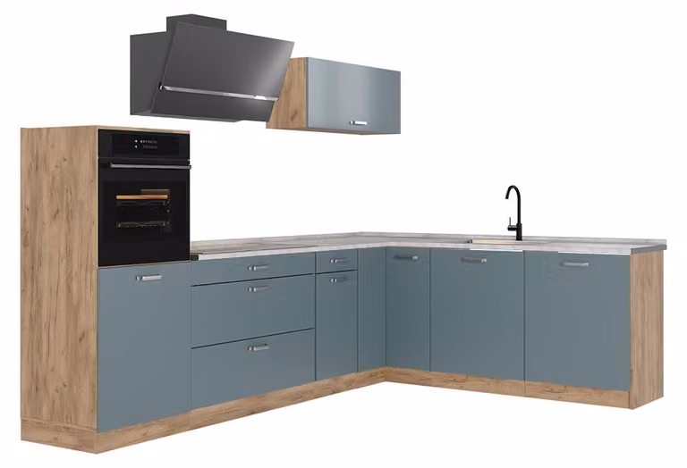 Cucina angolare completa Vicco R-Line Grigio-blu/Rovere dorato 287 x cm piano di lavoro Marmo, Model 67467