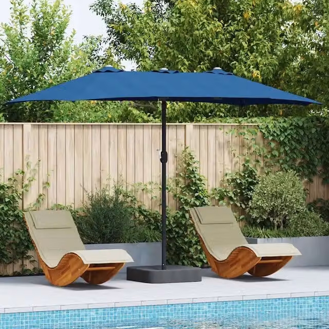 Ombrellone da giardino e spiaggia a braccio orientabile azzurro in poliestere e acciaio L: 385 cm, P: 209 cm, H: 244 cm – 1