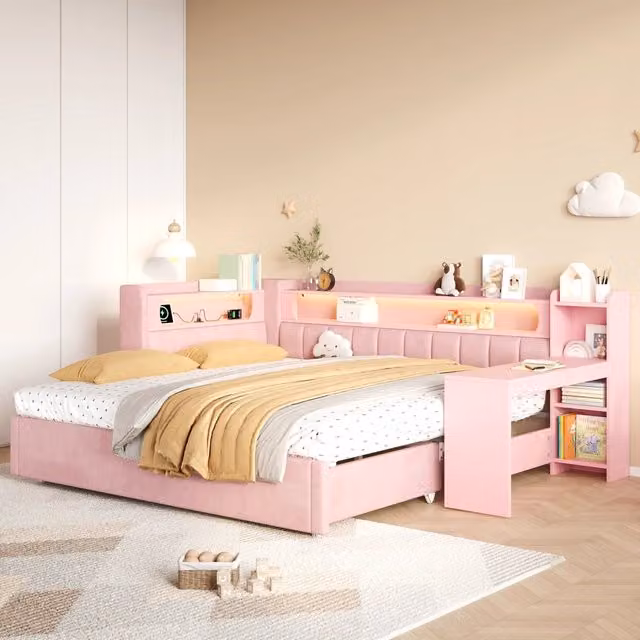 Letto singolo imbottito 90x200 cm rosa; estraibile fino a 180x200 cm; con LED; USB e scrivania integrata