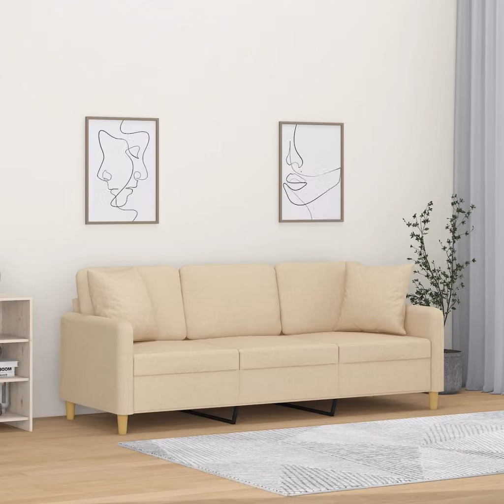 vidaXL Divano a 3 Posti Moderno in Tessuto Beige con Cuscini e Struttura in Metallo L: 198 cm, P: 80 cm, H: 77 cm