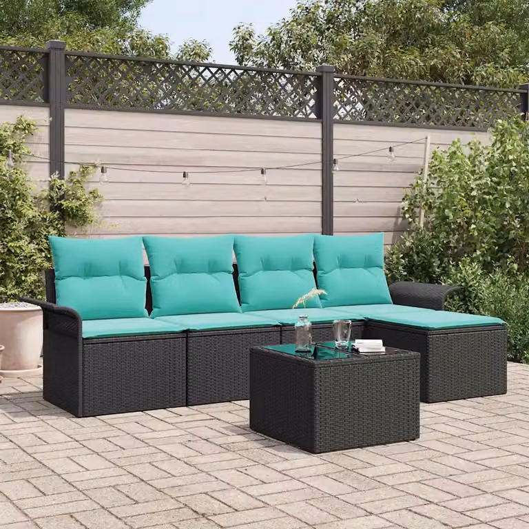 Set Divano da Giardino vidaXL a Forma di L con 6 Pezzi, Colore Nero, con Cuscini e Tavolino da Caffè