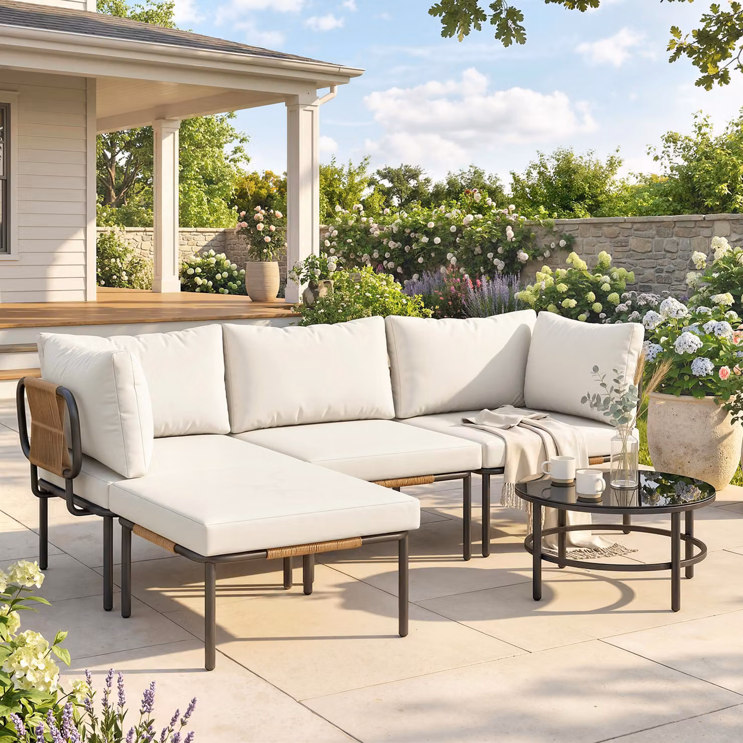Set Giardino Outsunny 5 Pezzi in Polyrattan Componibile a L con Cuscini, Colore Cachi, L/P/H: 192 x 126 x 60 cm – 2