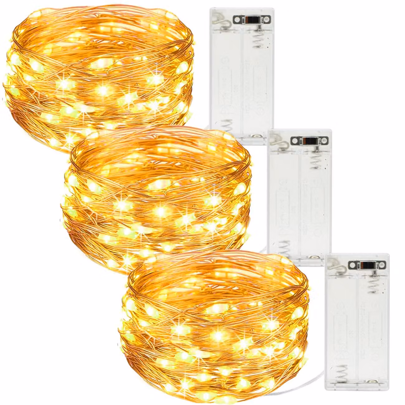 Catena luminosa a LED, confezione da 3 pezzi, lunghezza 5 metri, luce bianco caldo, alimentazione a batteria