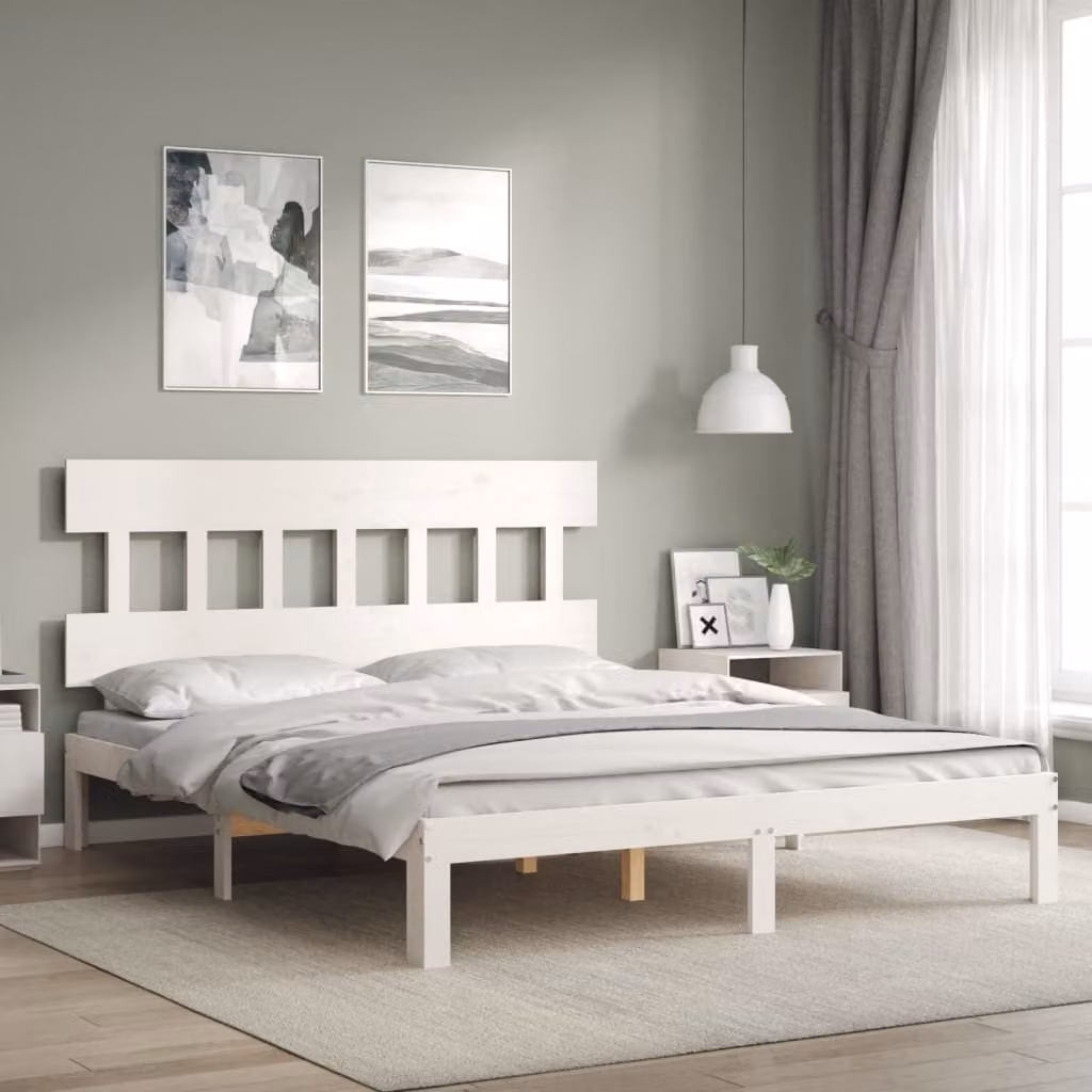 The Living Store Letto in legno massiccio con testiera bianco 160x200 cm