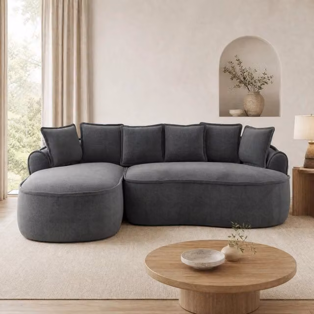 Divano modulare senza struttura grigio in ciniglia; con chaise longue profonda