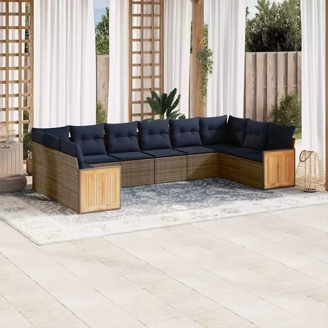 Set Divani da Giardino 10 pz con Cuscini Grigio in Polyrattan 3228007