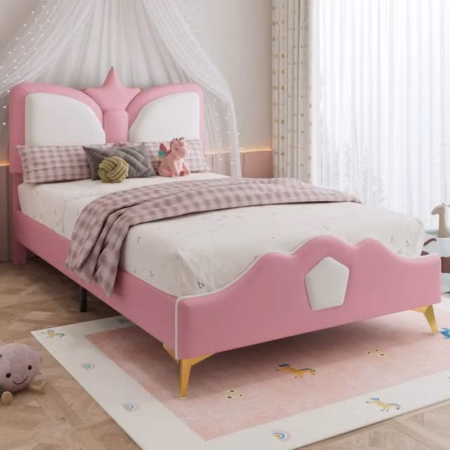 Letto singolo imbottito per bambini 90 × 200 cm con testiera a corona in PU rosa e bianco struttura stabile