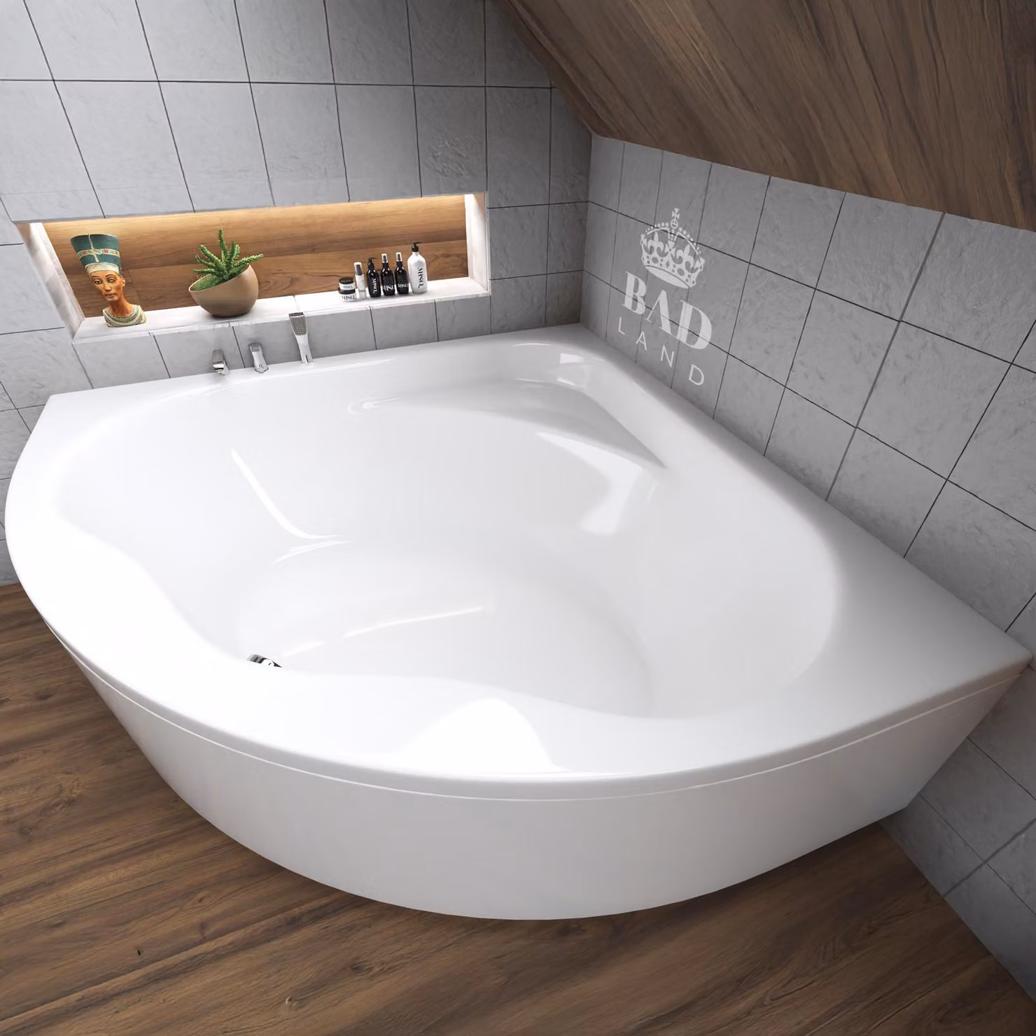Vasca da bagno angolare 150x150 con grembiule in acrilico, set di scarico e piedini GRATIS | Set completo 4in1 Vasca da bagno originale in acrilico con sifone | BADLAND STANDARD