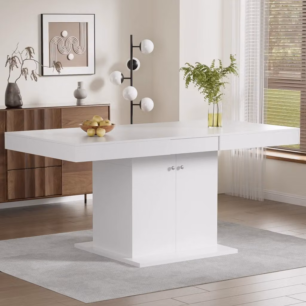 Tavolo da pranzo rettangolare allungabile REDOM Bianco moderno in materiale composito e metallo L: 140 cm, P: 60 cm, H: 40 cm – 2