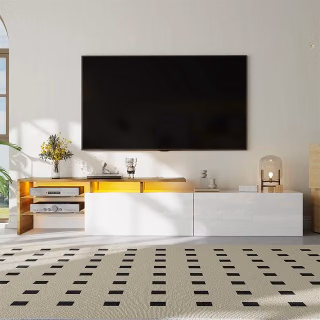 Mobile TV Design Minimal Bianco lucido con effetto legno, ripiani in vetro e luci LED integrate L: 170 cm, P: 33 cm, H: 33,5 cm