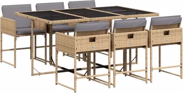 Set Salotto da Giardino Moderno in Polyrattan con Tavolo in Vetro e 7 Sedute con Cuscini Beige, Nero e Grigio
