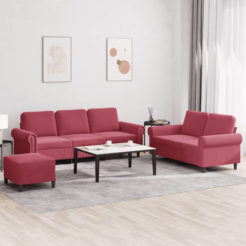 Set di divani vidaXL in velluto rosso con pouf e cuscini per soggiorno in stile moderno