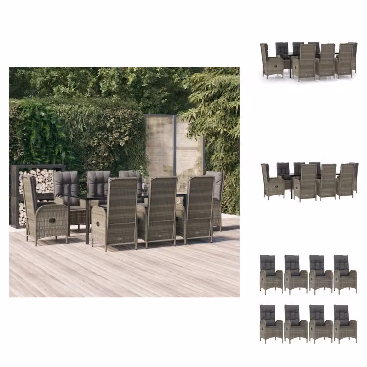 vidaXL set da pranzo da giardino 9 pezzi con cuscini in poly rattan nero e grigio - Set di mobili da giardino
