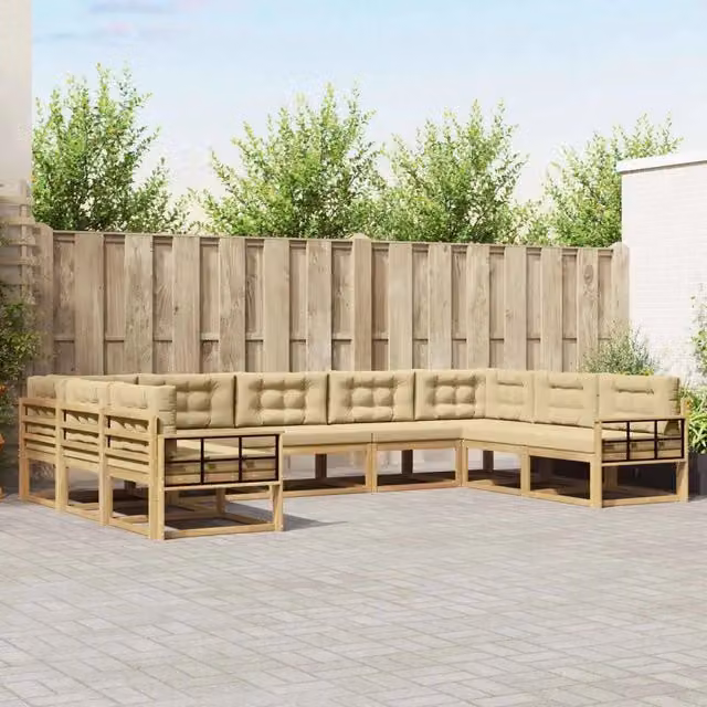 Set di divani da esterno a L vidaXL in legno di acacia con cuscini, Bianco e Beige – 1